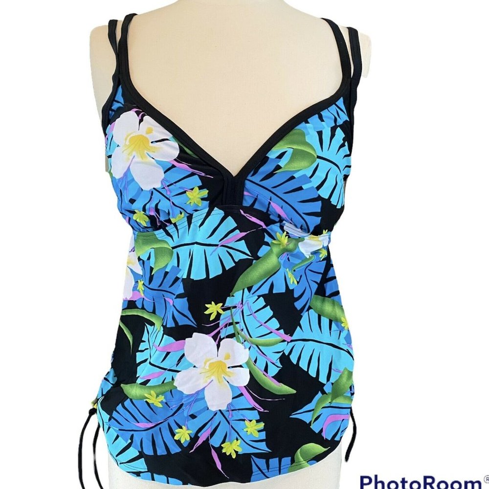 tropical honey tankini top size 10 tropical floral palm black white blue NWT